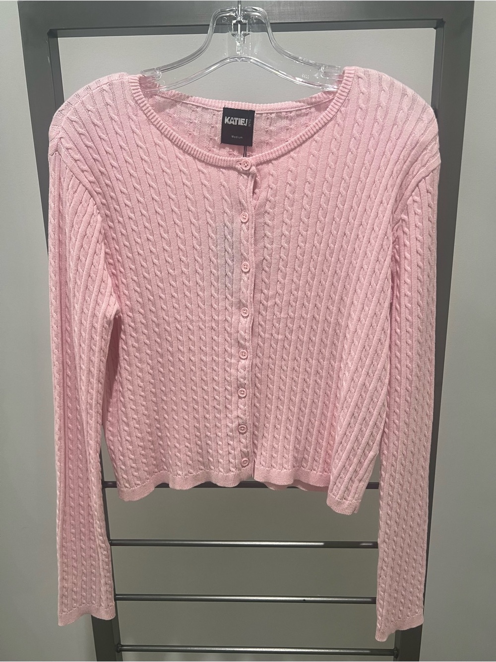 Katie J NYC Rory Pink Cable Cardigan in Junior Sizing.